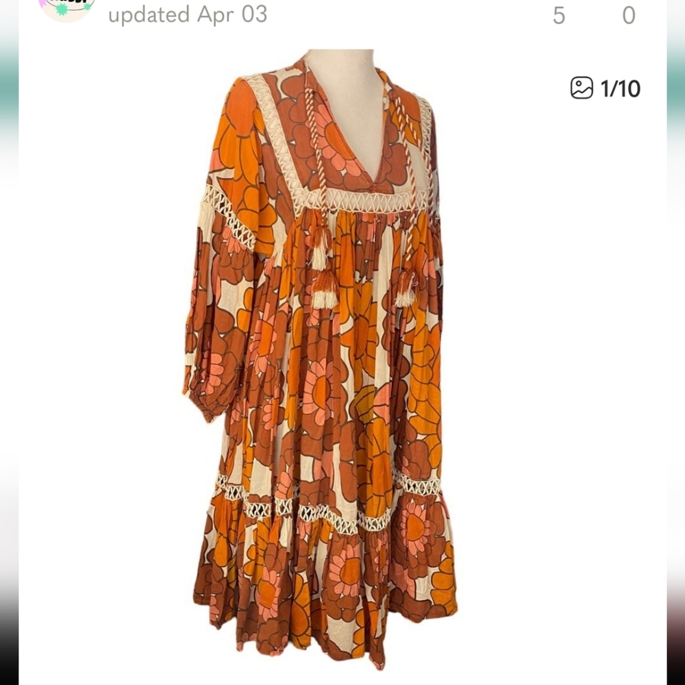 Dodo Bar Or Brown Orange Tassel Floral lave balloon sleeve Shift boho Dress